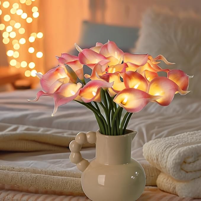 20pcs Lighted Artificial Calla Lily Bouquet Lamp Faux Floarl Night Light Real Touch Flower Night Lamp LED Calla Lily lighted Artificial Flower for Holiday Gifts Home Kitchen Decor(Light Pink)