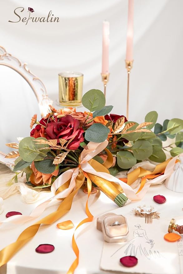 Serwalin 9.8 Inch Wedding Bouquets for Bride Bridesmaid, Orange Burgundy Dahlia Bridal Bouquets for Bride, Wedding Flowers Bouquet, Wedding Ceremony and Anniversary Decor