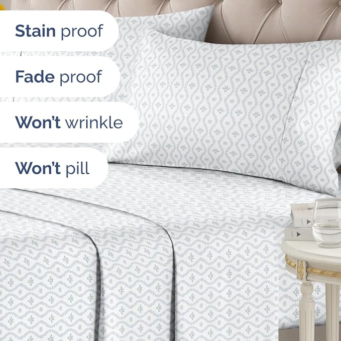 Floral Sheets - Damask Floral Bed Sheet Set - 1 Flat & 1 Fitted & 2 Pillowcases w/ Deep Pockets - Comfy, Wrinkle & Fade Free Boho Botanical Bedding - Ultra-Soft, Breathable and Cooling - Full Size