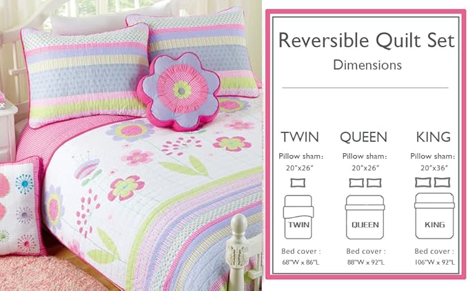 Cozy Line Home Fashions Pink Lavender Green Floral Print Girl 100% Cotton Reversible Quilt Bedding Set, Coverlet, Bedspread (Blossom, Twin - 2 Piece)