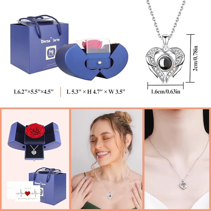 Preserved Real Rose with I Love You Necklace 100 Languages, Gifts for Girlfriend, Women, Mom, Wife, Gifts Idea on Christmas, Valentine's Day, Mother's Day, Birthday, Anniversary, Thanksgiving