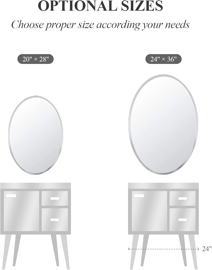 Frameless Oval Bathroom Mirror, 24x36 Inch Beveled Edge Vanity Wall Mirror for Over Sink, Modern Decorative Mirror for Bathroom, Bedroom, Entryway