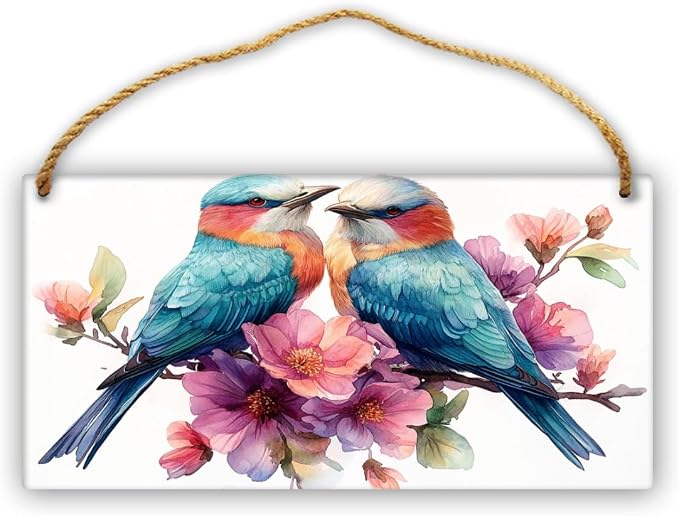 Colorful Avian & Floral Wooden Sign, 12x6 Inch Artistic Wood Decors for Bird Admirers & Whimsical Home Fans, Ideal for Living Room Focal Points & Nature-Inspired Design