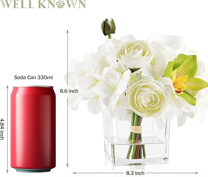 WELL KNOWN Fake Flowers in Vase, Mixed Artificial Flower with Fake Water in Glass Vase Realistic Hydrangea Calla Lily Ranunculus Silk Faux Floral Centerpiece for Coffee Dining Table Office Decor White