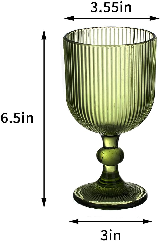 24 Pcs Green Vintage Wine Glasses, 11 Ounces Colored Glass Water Goblets, Unique Embossed Pattern High Clear Stemmed Glassware Wedding Party Bar Glass Drinking Cups Fancy Glasses Vertical Line Set