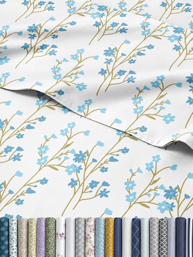 Floral Sheets - Blue Floral Bed Sheet Set - 1 Flat, 1 Fitted & 1 Pillowcase w/ Deep Pockets - Comfy, Wrinkle & Fade Free - Boho Botanical Bedding - Ultra-Soft, Breathable and Cooling - Twin Size Set