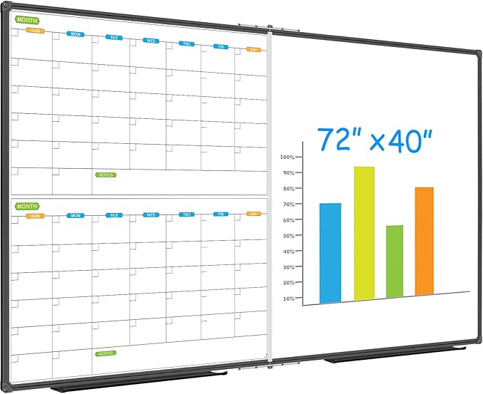 JILoffice Magnetic Foldable Dry Erase Calendar Whiteboard Combo, 2 Month Calendar Board & White Board 72 X 40 Inch, Black Aluminum Frame Wall Mounted Board for Office Home and School
