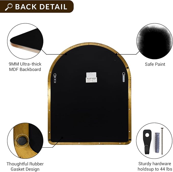 ANDY STAR Arched Mirror, 30 x 36 Inch Gold Wall Mirror in Stainless Steel Metal Frame, Arch Top Rounded Corner 1 Inch Deep Set Design Wall Mount Hangs Vertical