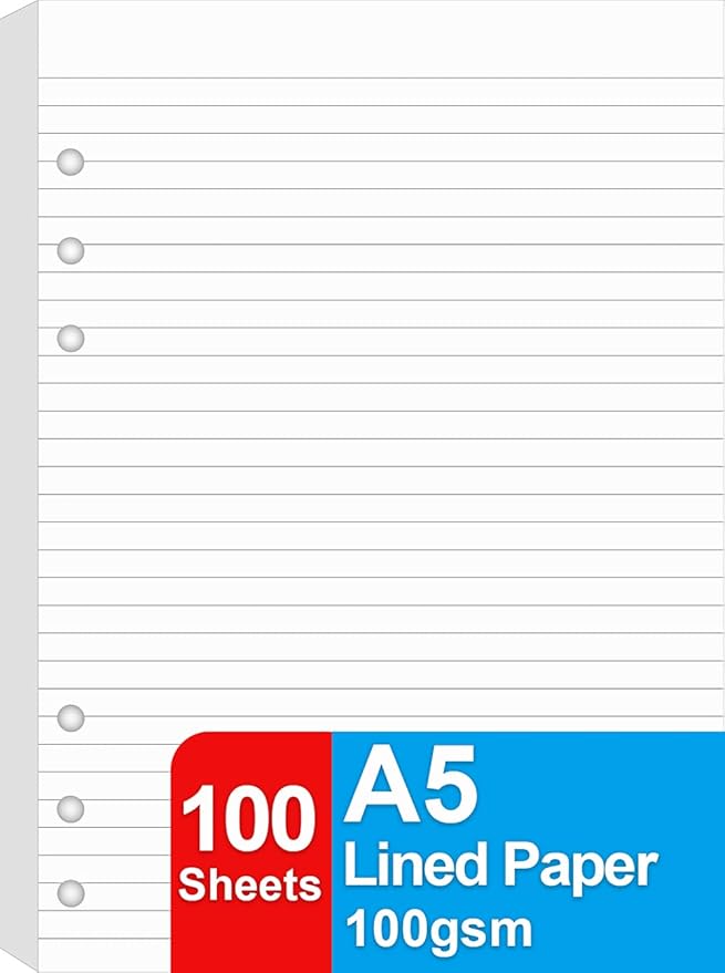 A5 Lined Paper Refill, 100 Sheets/200 Pages Refill Paper for Large Leather Journal/Filofax Binders, 6 Holes Punched, 100gsm Ruled White Filler Paper, 5.8'' x 8.2''