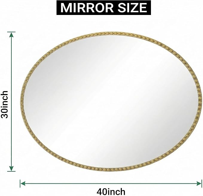Gold Oval Bathroom Mirror, 40x30 Inch Floral Oval Mirrors for Wall, Antique Gold Metal Floral Frame Mirrors for Bedroom Living Room Hallway, Hangs Horizontally or Vertically