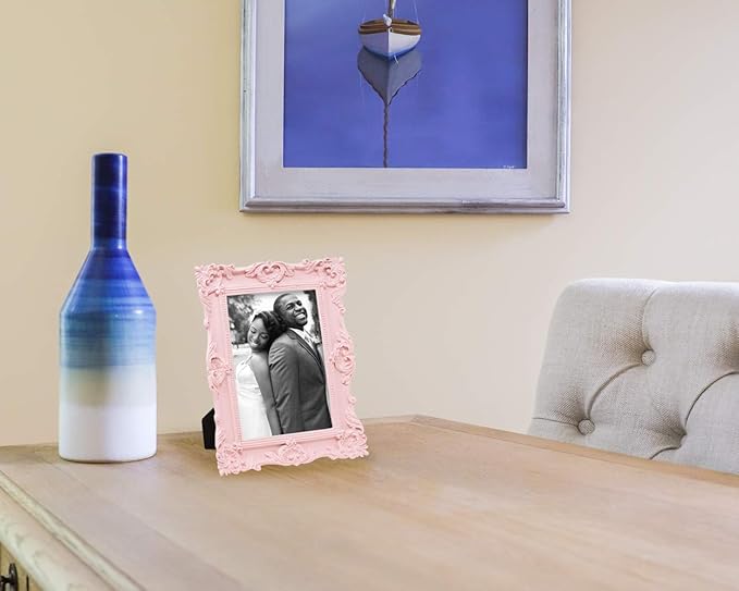 Laura Ashley 5x7 Pink Ornate Textured Hand-Crafted Resin Picture Frame with Easel & Hook for Tabletop & Wall Display, Decorative Floral Design Home Décor, Photo Gallery, Art, More (5x7, Pink)