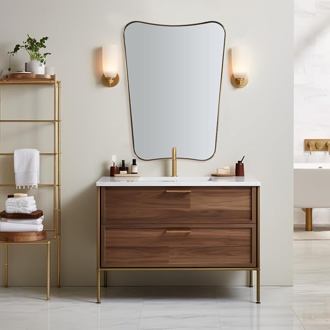 ANDY STAR Gold Vanity Mirror, 26x38 Inch Brushed Gold Asymmetrical Wall Mirror, Antique Brass Bathroom Mirror in Anti-Rust Stainless Steel Metal Frame, Large Decorative Mirror, Butterfly Shape