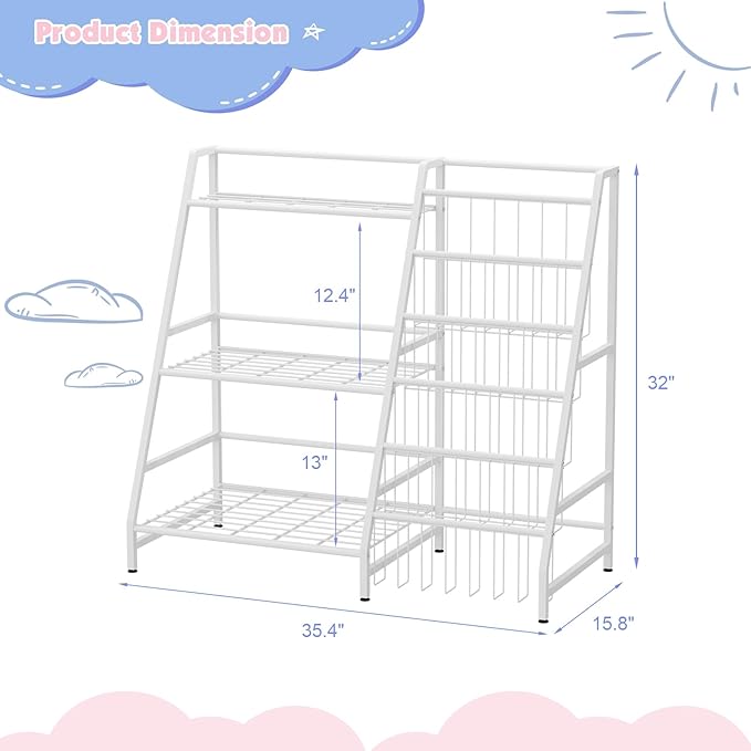 NACHES Kids Bookshelf & Toy Storage Organizer, 5-Tier Sling Pockets Toddler Bookcase with 4 Toy Bins for Playroom, Nursery & Kids Room (White)