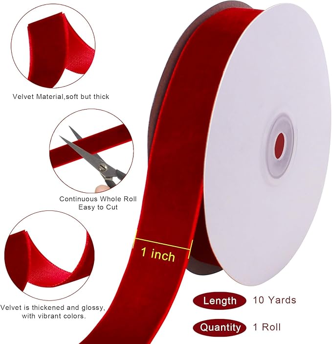 10 Yards Red Velvet Ribbon 1 Inch for Christmas Tree,Velvet Christmas Ribbon for Gift Wrapping Crafts Bow Wreath Holiday Decorations (Red)