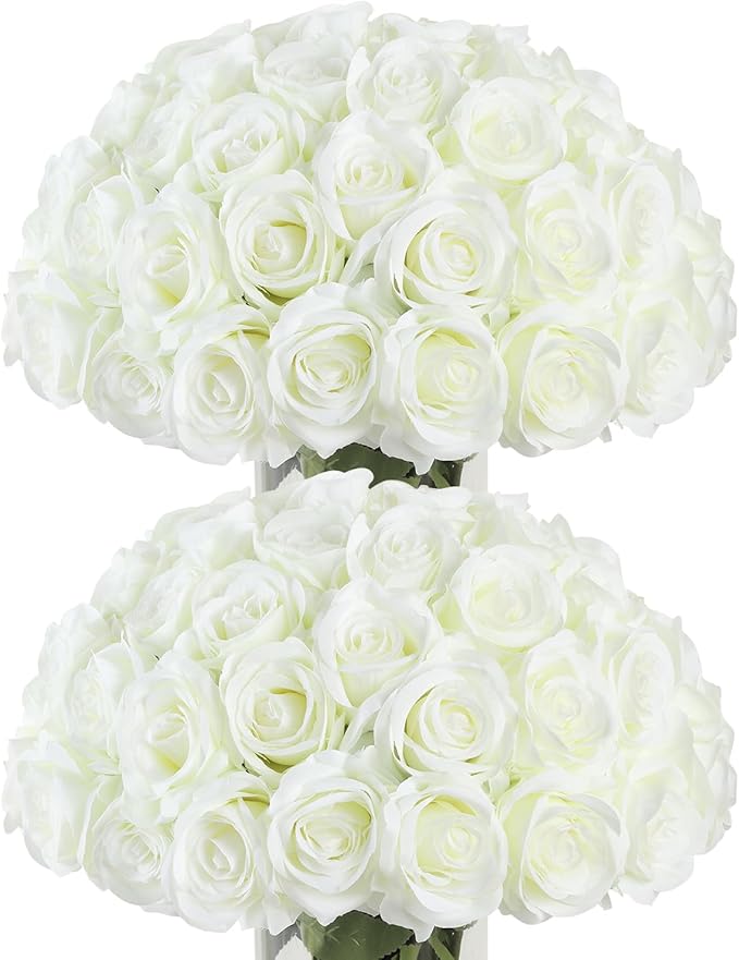 50pcs Artificial Roses Flowers in Bulk,Realistic Silk Fake Rose with Long Stem for Wedding Centerpieces Bouquet Party Floral Arrangement Home Decoration(Ivory White)