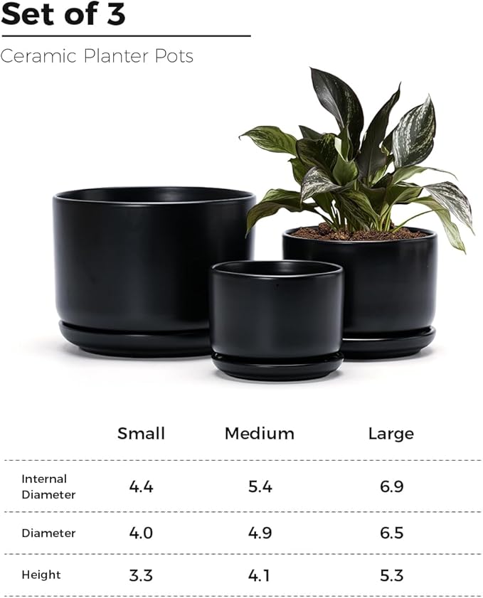Ton Sin Black Ceramic Pots for Plants, 4.4+5.4+6.9 Inch, Planters with Drainage Hole and Saucer, Indoor Flower Pots for Succulents, African Violets, Small House Plants