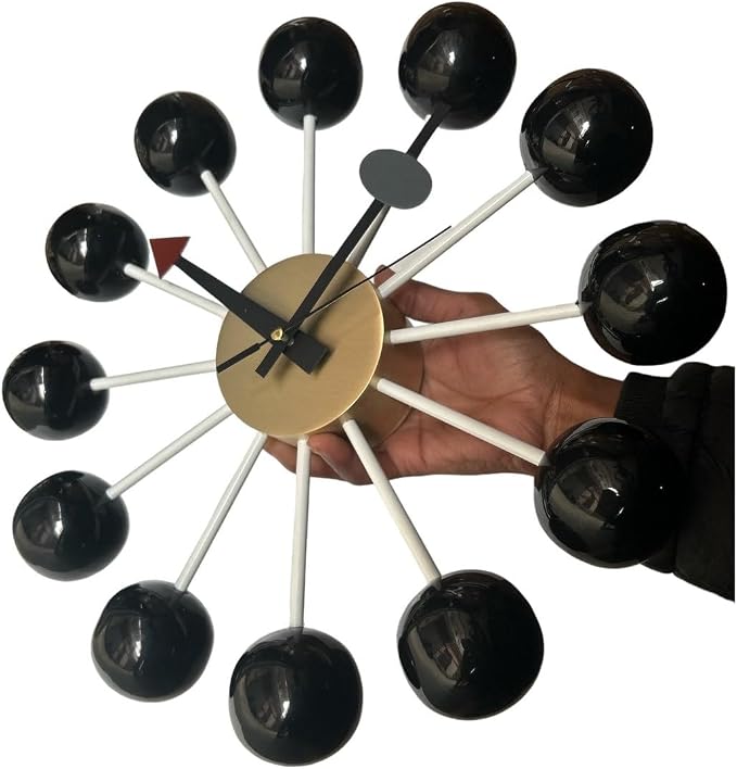 Mid Century Modern Ball Clock – George Nelson Style Wooden Wall Clock, Retro Starburst Design, Silent Non-Ticking Decorative Wall Decor for Living Room, Office, Kitchen & Home (Black, 30 Inch)