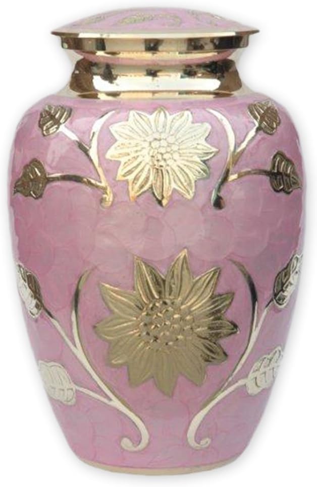 Pink Garden Brass Adult Cremation Urn | Unique Brass Funeral Urn with Gold & Pink Enamel Details | Large