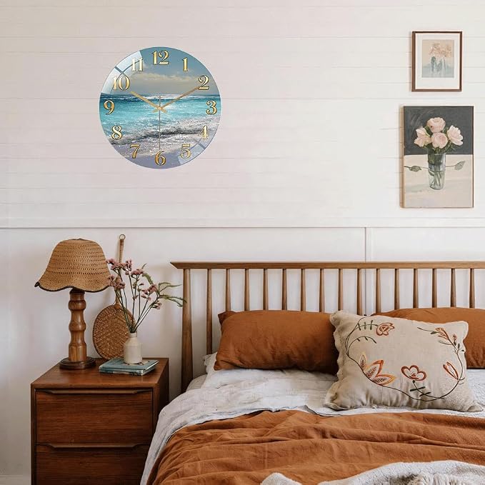 24 Inch Ocean Beach Glass Wall Clock Silent Coastal Art Decor | Silent glossy wall clock featuring a stunning ocean beach scene, perfect for adding a coastal vibe to living room or bedroom