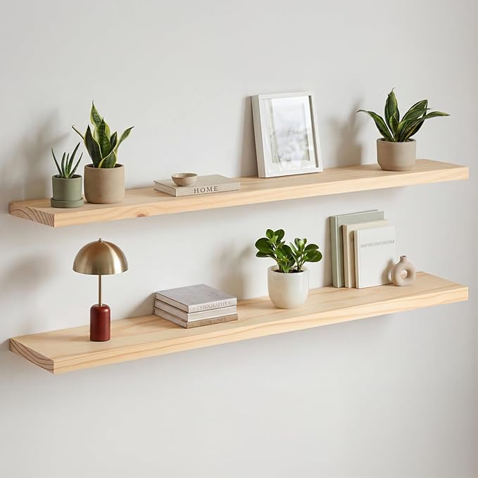 Homeforia 60 inch Natural Floating Shelf, High End Solid Real Wood 60inch Small Floating Shelves for Wall Mounted, Natural Wooden Floating Shelves, Heavy Duty Bracket, 60 X 6.5 X 1.75 in, Set of 3