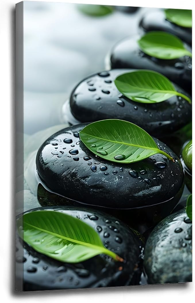 Glittering black stone cluster with fresh green leaves and water drops poster tranquil mist rain wall art zen wall art suitable for modern minimalist home decor 20x30in Wood Framed