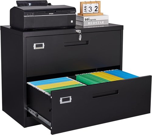 SISESOL Lateral File Cabinet - 2 Drawer Lockable Metal Design in Black | Fits A4, F4, Letter, Legal Files