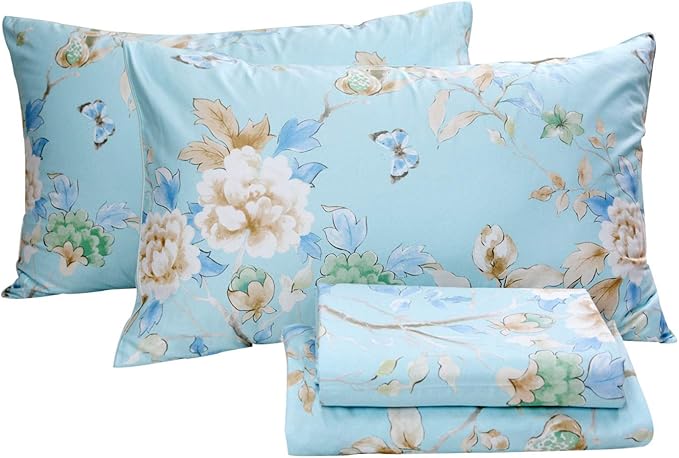 FADFAY Floral Bedding Shabby Blue Bird Print Bed Sheet Set Luxury Bedding Collections 800 Thread Count 100% Egyptian Cotton Deep Pocket, 4 Piece-Twin Size