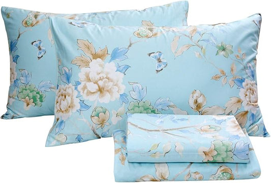FADFAY Floral Bedding Shabby Blue Bird Print Bed Sheet Set Luxury Bedding Collections 800 Thread Count 100% Egyptian Cotton Deep Pocket, 4 Piece-Twin Size