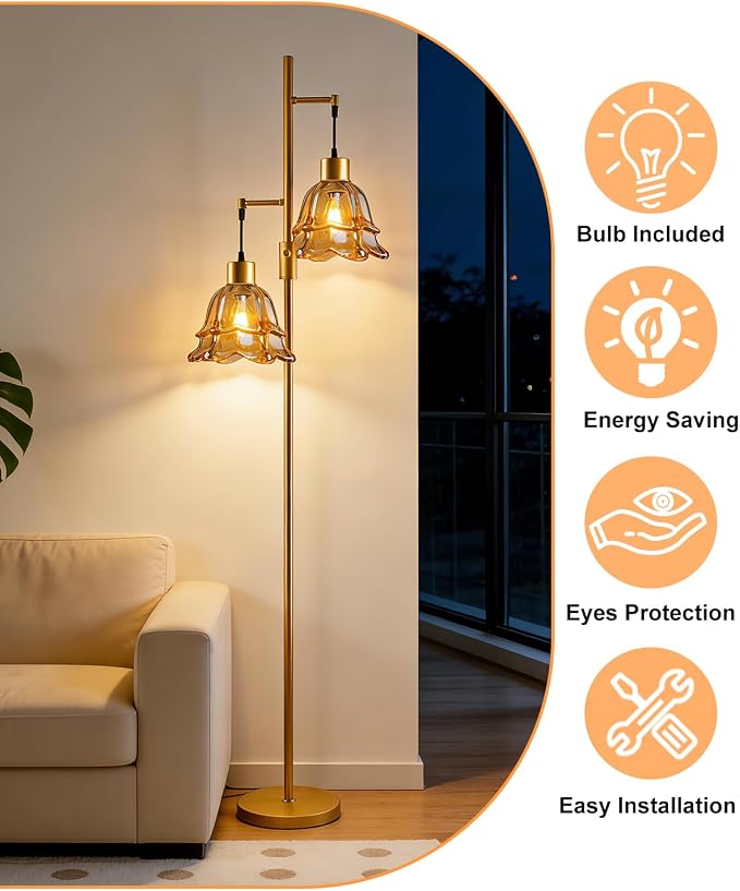 Lightdot 65IN Gold Flower Floor Lamp for Living Room, 2-Light Dimmable with Amber Glass Lampshade, 3000K Warm White Modern Standing Tall Lamp with 5Lbs Heavy Base for Bedroom Sofa Beside Corner Decor