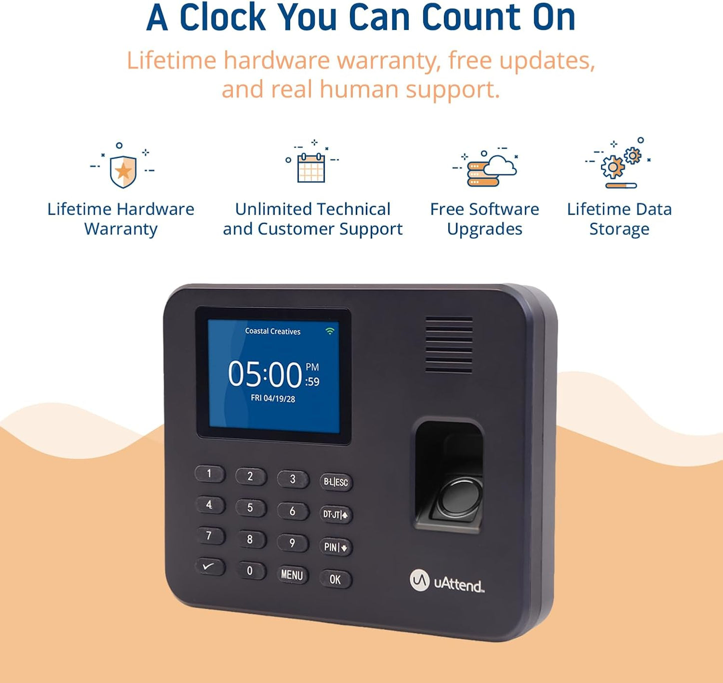 uAttend RE2000 Biometric Time Clock - Fingerprint & PIN Punching, Wi-Fi Cloud System for Small Business