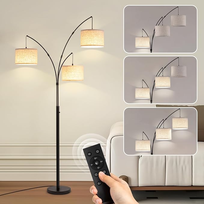 Netin Arc Floor Lamp with Remote, 3 Light Floor Lamp for Living Room Bright Lighting, 3 Color Temperature, Dimmable Tall Standing Lamp, Mid Century Tree Floor Lamp for Bedroom Office