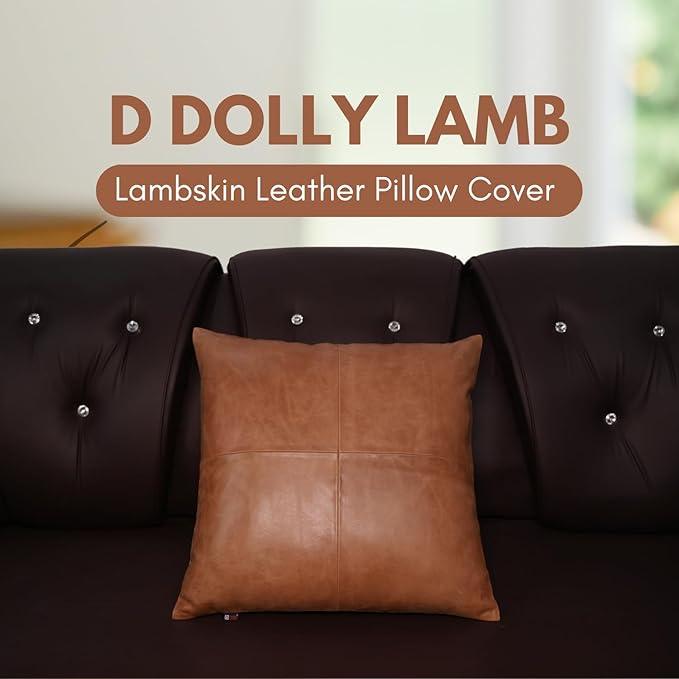D DOLLY LAMB Lambskin Leather Pillow Cover - Sofa Cushion Case - Decorative Throw Covers for Living Room & Bedroom, 22x22 Inches - Antique Brown Plain