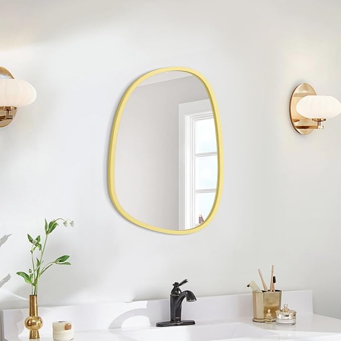 Wooden Asymmetrical Irregular Wall Mirror - Unique Modern Shape - Wall Mounted - Artistic Decorative for Living Room, Bedroom, Bathroom, Entryway & Hallway - 14"x10"