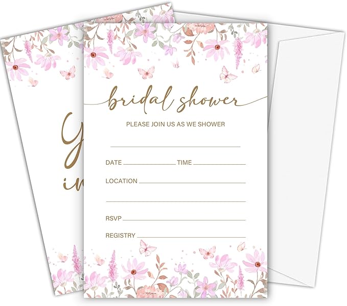 Pink Floral Bridal Shower Invitations, Spring Butterflies Invites with Envelopes, 4x6 Invite Card for Wedding Shower, Newlyweds, Party Favor & Decorations-A02