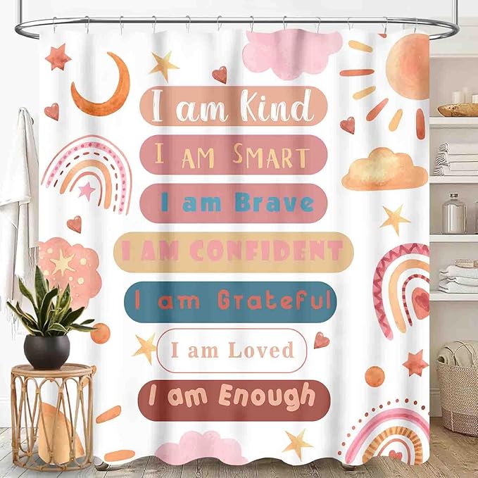 Rainbow Shower Curtain, Pink Boho Cute Inspirational Motivational Quotes Rainbow Colorful Pastel Waterproof Fabric Bathroom Shower Curtain for Baby Kids Girls Set with Hooks, 72"x84" Inch