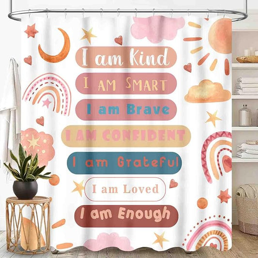 Rainbow Shower Curtain, Pink Boho Cute Inspirational Motivational Quotes Rainbow Colorful Pastel Waterproof Fabric Bathroom Shower Curtain for Baby Kids Girls Set with Hooks, 72"x72" Inch