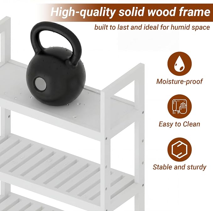 Over the Toilet Storage Cabinet, 3 Tier Over Toilet Bathroom Organizer with Adjustable Shelves and Hooks, Freestanding Wood Bathroom Shelves Over Toilet for Space Saver (White)
