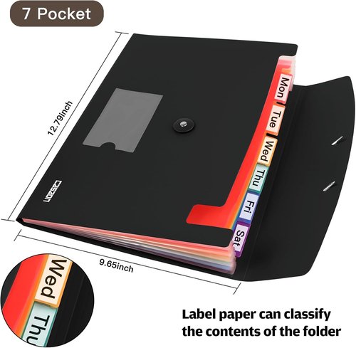 7 Pocket Accordion File Folder - Portable A4 Document Organizer in Black for Easy Storage