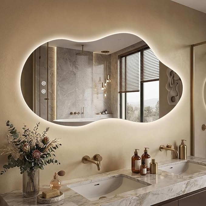 Irregular Backlit Bathroom Mirror with Lights 40 x 24, Asymmetrical Cloud Led Lighted Vanity Mirror for Wall, Anit-Fog, Dimmable, (Horizontal/Vertical)