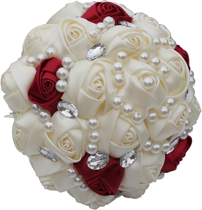 S_SSOY Customizable Romantic Wedding Bouquets Silk Flowers Bridal Holding Roses Bride Bridesmaid Bouquet with Pearl Crystal Ribbon Valentine's Day (Ivory+Wine Red)
