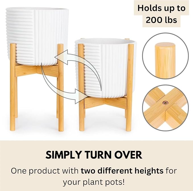 Fox & Fern Large Adjustable Plant Stand Indoor — 11 to 15 Inch Premium Mid Century Bamboo Plant Stand; Plug In Design; Easy Assembly; Two Heights - For 11, 12, 13, 14 & 15 Inch Pots (Not Included)