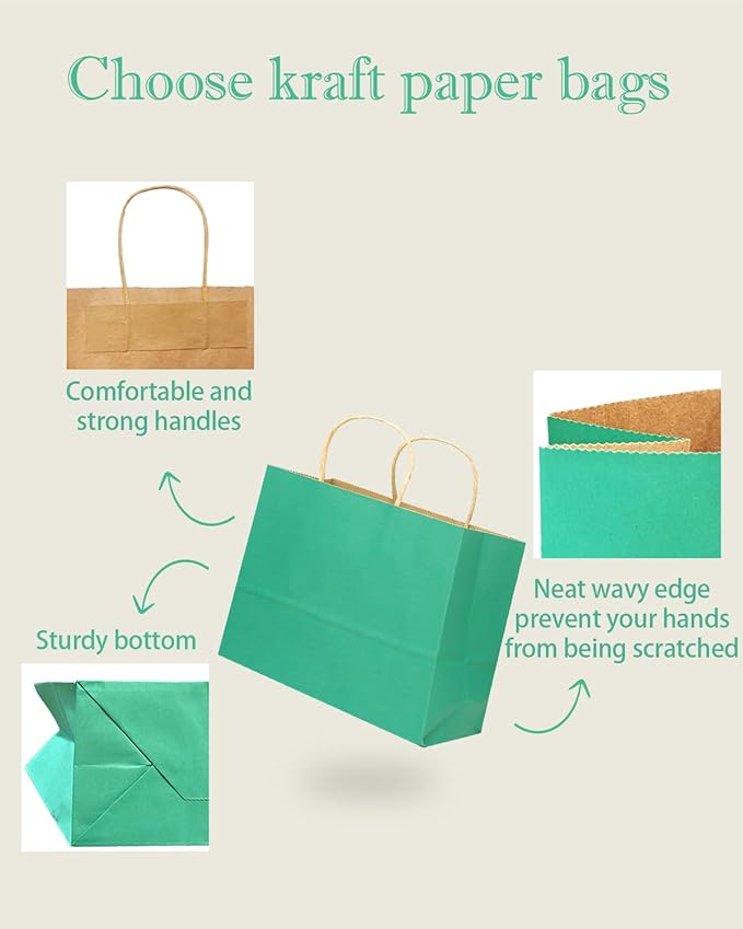 qiqee 13"x4.5"x10" Large Gift Bag with Handles Bulk 32PCS Gift Paper Bags Mint Green Bags Multiple Uses (Wide Large)