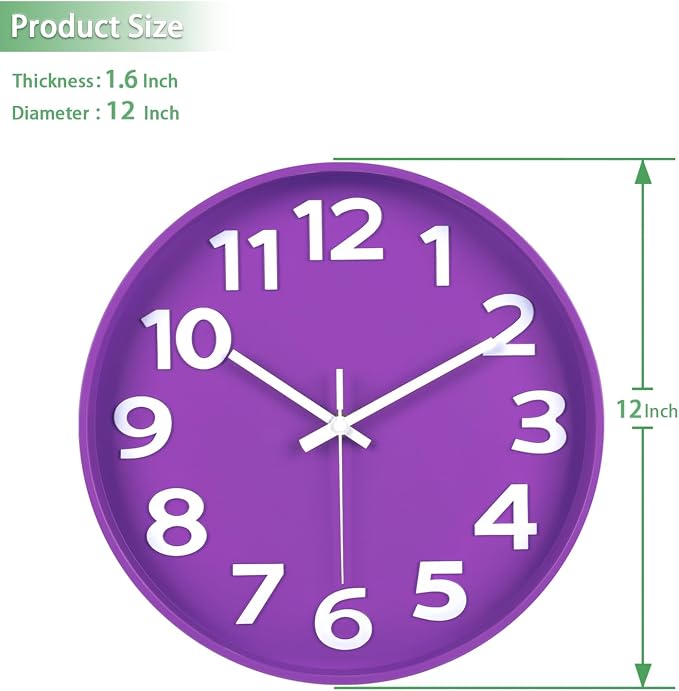 45MinST 12-Inch Modern Indoor Outdoor Wall Clock, Silent Non-Ticking, Large Numbers, Accurate Timekeeping, Perfect Decorative Accent for Home or Office (Purple)