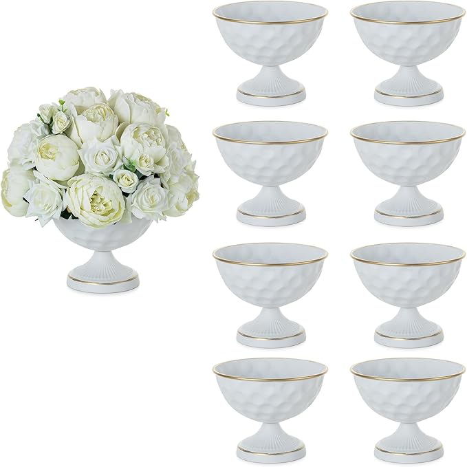 Sziqiqi Urn Vases for Wedding Centrepiece: 6.1in White Metal Urn Vases Set of 10 Bulk Compote Vase for Wedding Decorations - Flower Arrangements Table Vase Plant Bowl for Wedding Party Event