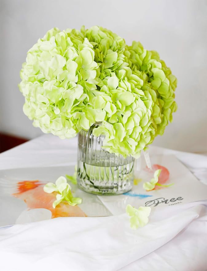 DuHouse Artificial Bigger Silk Hydrangea Flower Heads with Stem Fake Green Hydrangea Flowers for Wedding Home Garden Centerpiece Pack of 6