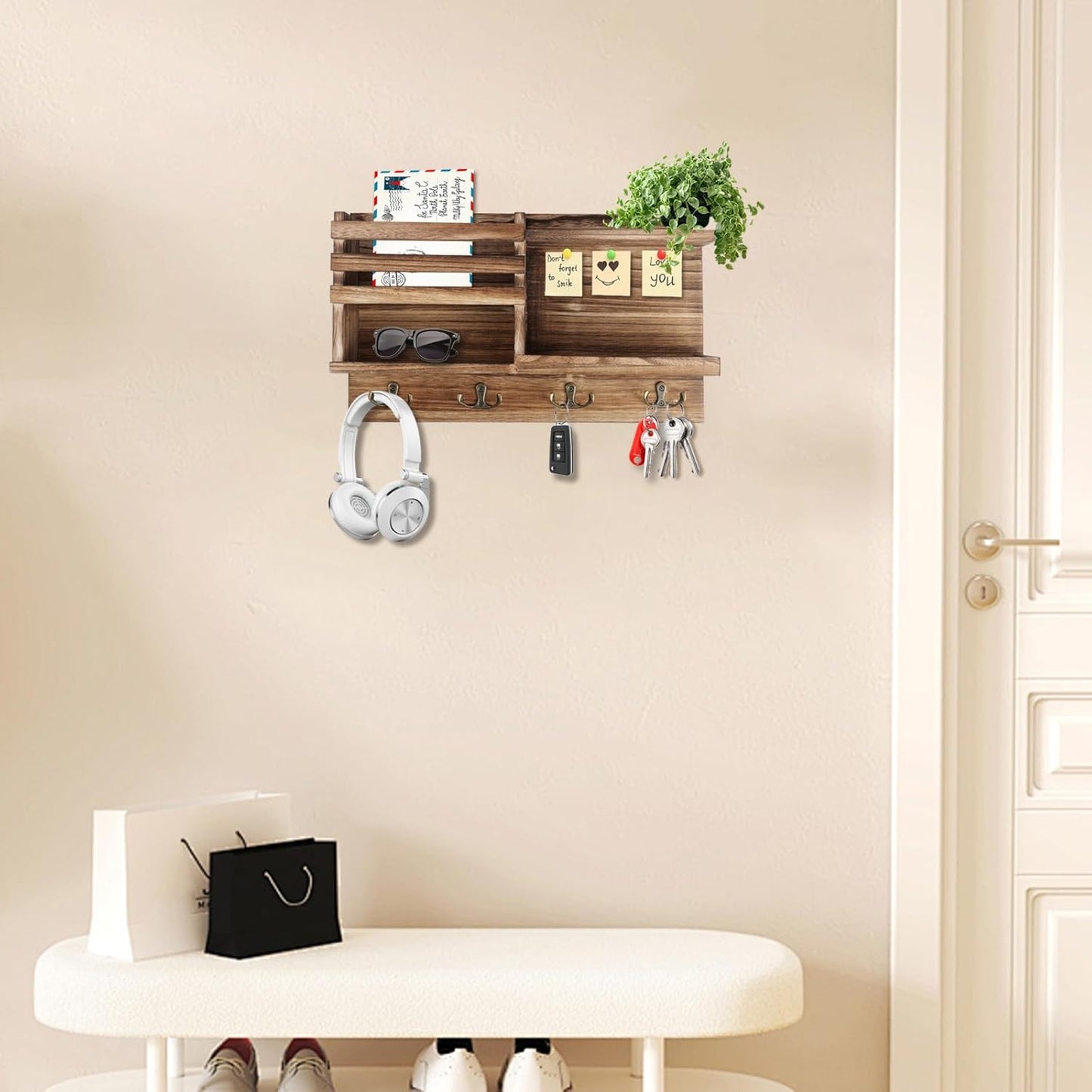 Skiennix Key Holder Wall Mount - Solid Wood Organizer with 8 Hooks for Entryway | Burnt Brown