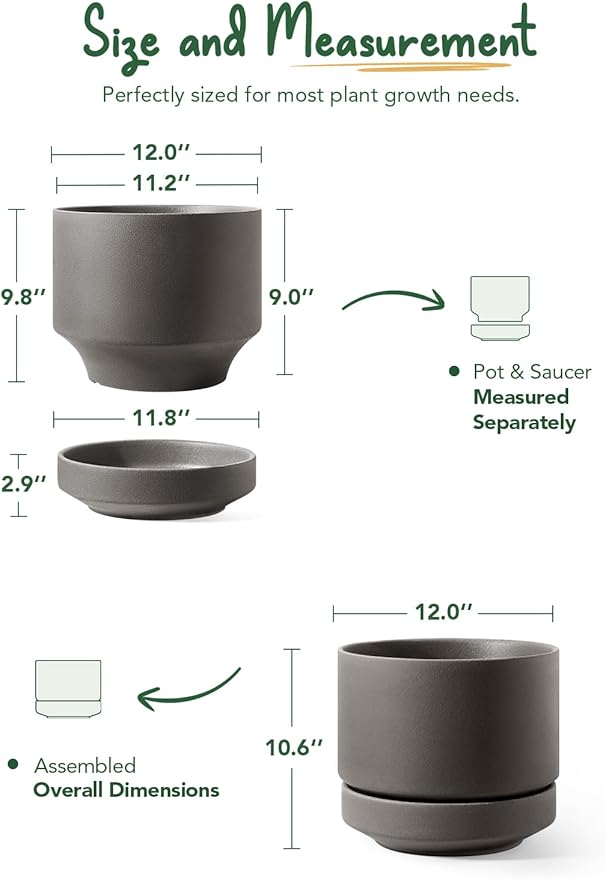 LE TAUCI 12 Inch Pot for Plants with Saucer, Ceramic Indoor Planter Pot with Drainage Hole, Mesh Pad & Plug Included, Unglazed Porous Ceramic, Modern for Home and Office, Charcoal Gray