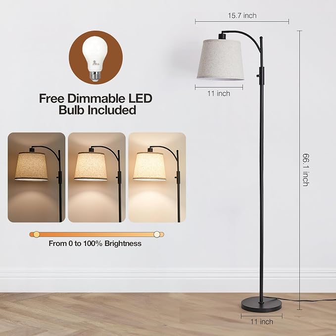 AIDENOEY Fully Dimmable Floor Lamp for Living Room，Standing Lamp Rotary Switch with Linen Beige Shade，Black Tall Lamps for Bedroom with Adjust Head，9W LED Bulb Included