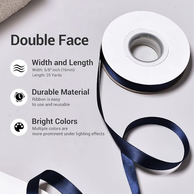 YAMA Navy Blue Double Face Satin Ribbon 5/8" 25 Yards Navy Ribbon for Gift Package Wrapping,Floral Design,Hair Bow Clip Making,Crafting,Sewing,Wedding Decor