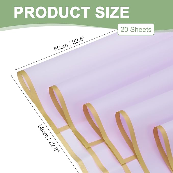 PATIKIL Flower Gift Wrapping Paper, 20 Sheets Gold Edge Waterproof Bouquet Paper Wrap Florist Supplies Packaging Floral Papers for Wedding DIY Craft Valentine Mother's Day, Light Purple